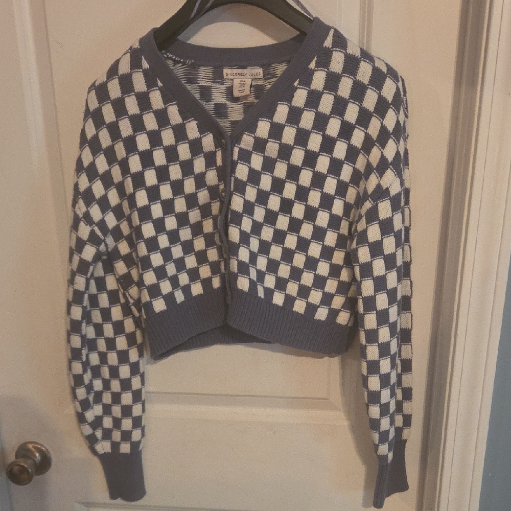 Sincerely Jules Blue & White Checkerboard Cropped Cardigan